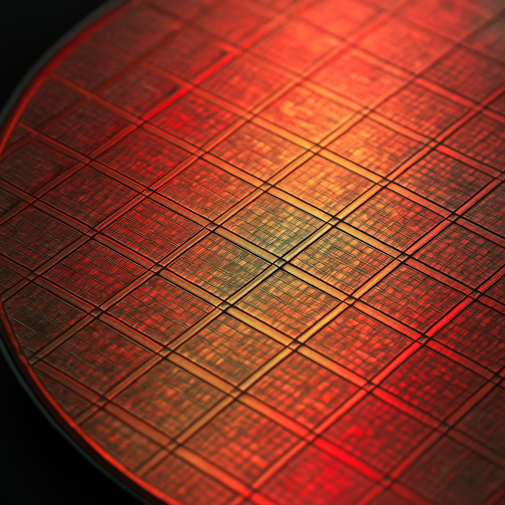 Macro detail of a 300mm Smartkoy quantum wafer surface showing dense circuitry